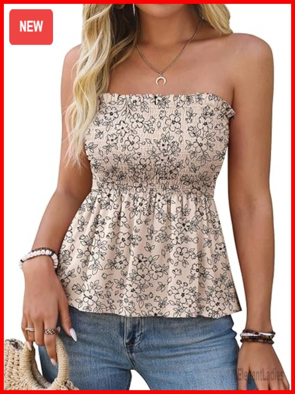 Strapless Tube Top with Peplum Hem Smocked Bodice Sleeveless Blouse for Casual